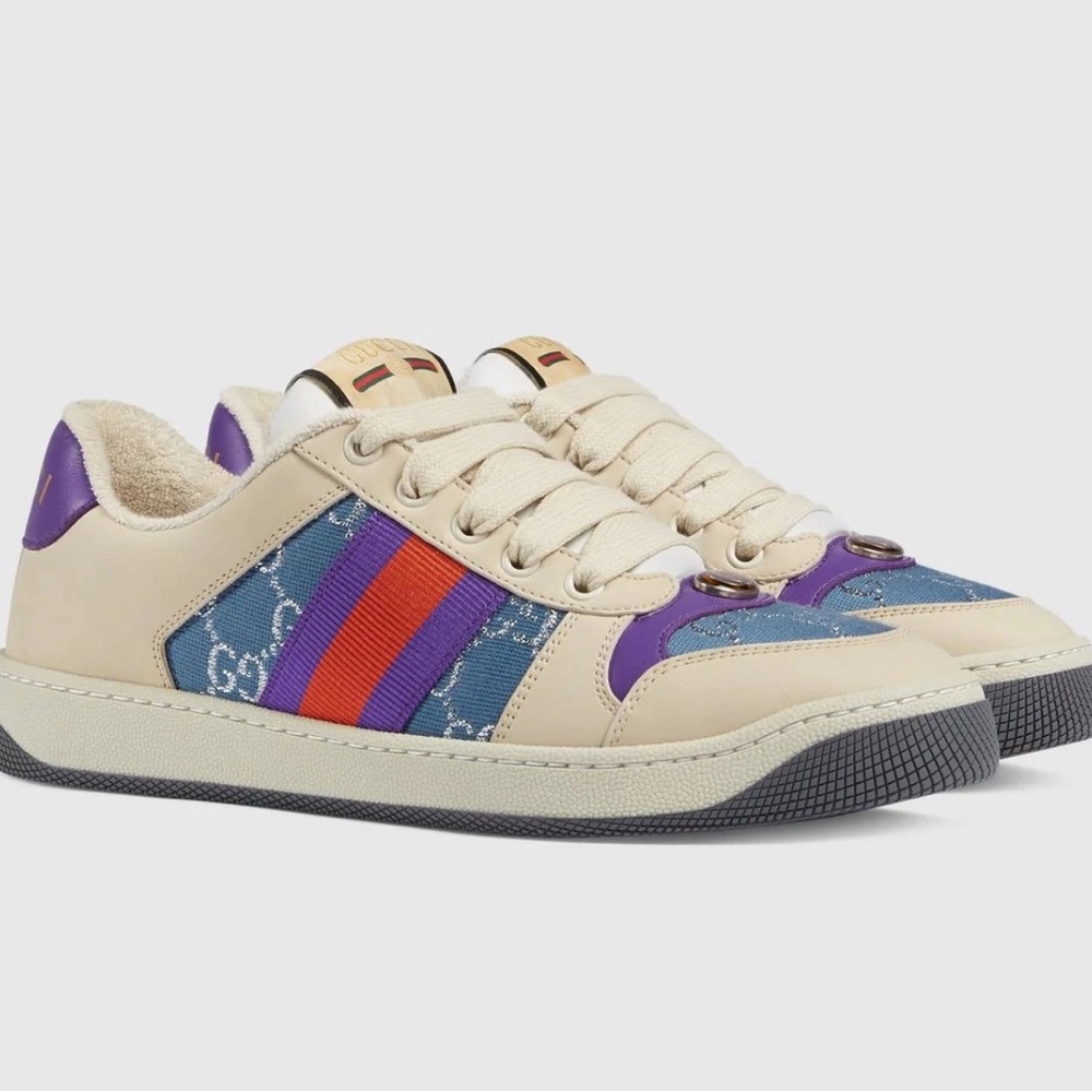 Gucci Cream and Blue Screener Sneakers with Red and Purple Stripes 41